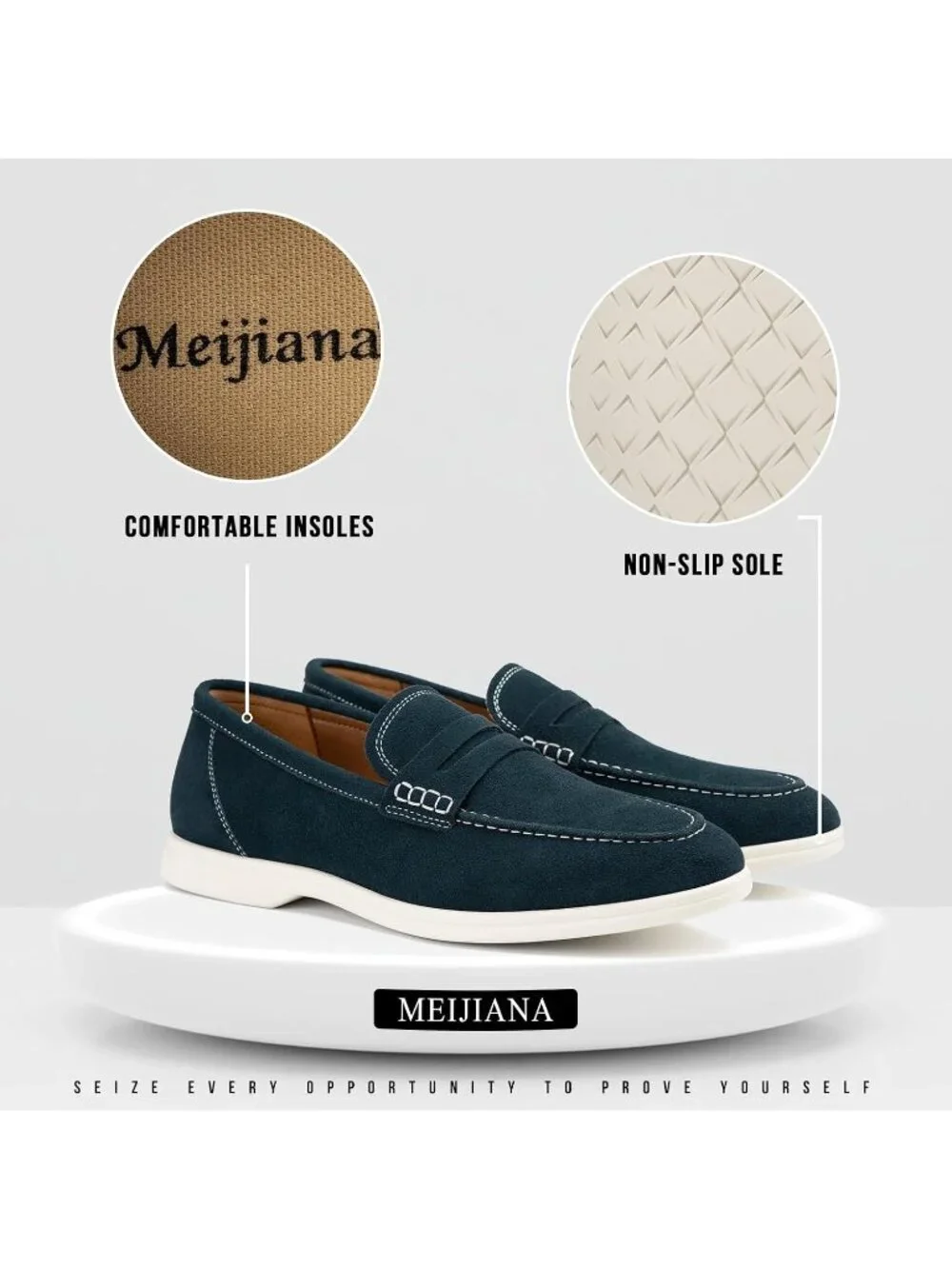 🆕Men Dark Blue Leather Loafers Slip-On Moccasins Suede Dress Shoes Lightweight